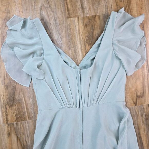 🍑David's Bridal Dusty Sage Green Flutter Sleeve Gown Size 6 - Picture 7 of 13